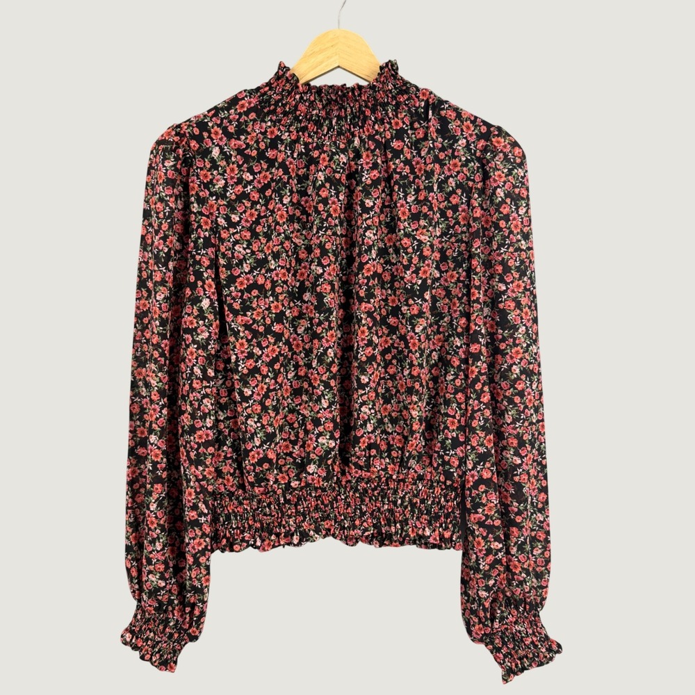 Lost + Wander Floral Blouse Size Small Black Pink Smocked Waist Long Sleeve New